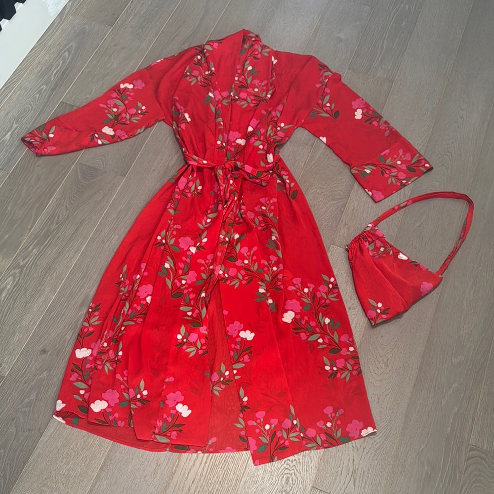 Floral Red Kimono Robe with Matching Bag